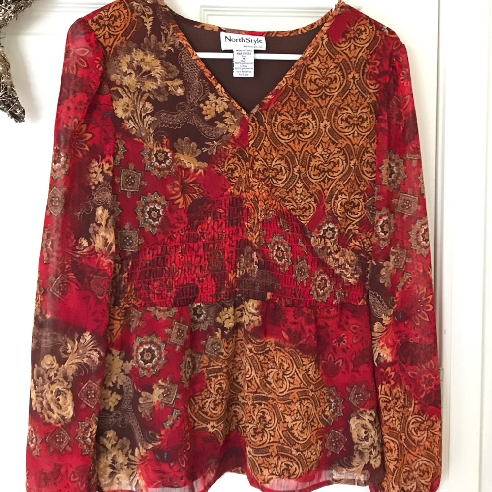 NorthStyle Sheer Blouse with brown lining M EUC